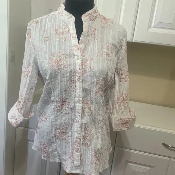 Fred David Womens L Blouse Floral Embroidered Button Front Crinkle Stretch Top - Picture 4 of 13